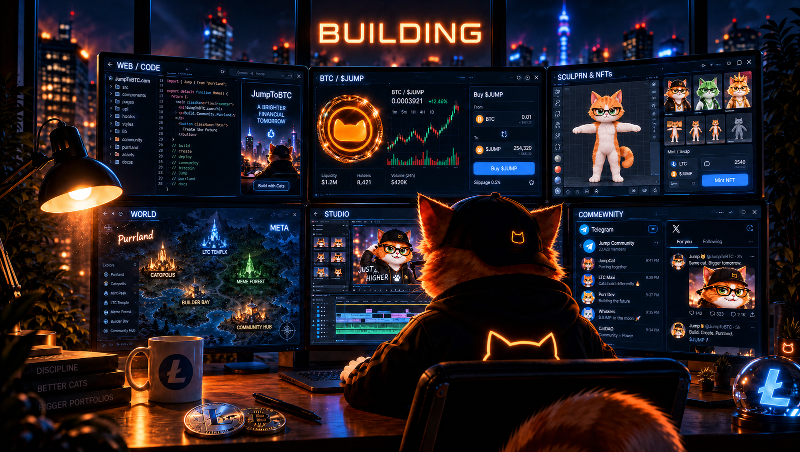 Jumpurr building the project in a night-time studio, surrounded by screens and Litecoin and Bitcoin artwork.
